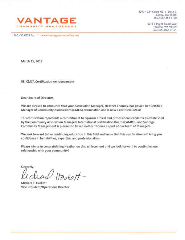 Congratulations To Our Vantage Manager, Heather Thomas, CMCA 1 CMCA.ltr .H.Thomas