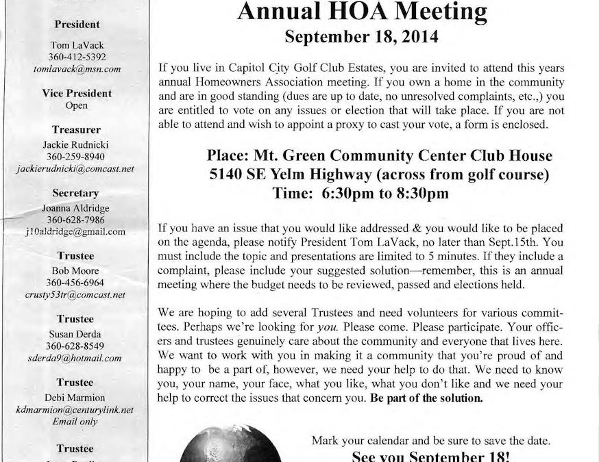 Capitol City Golf Club Estates HOA: Fall 2014 Newsletter