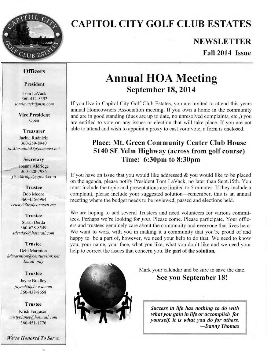 Capitol City Golf Club Estates HOA Fall 2014 Newsletter Capitol City